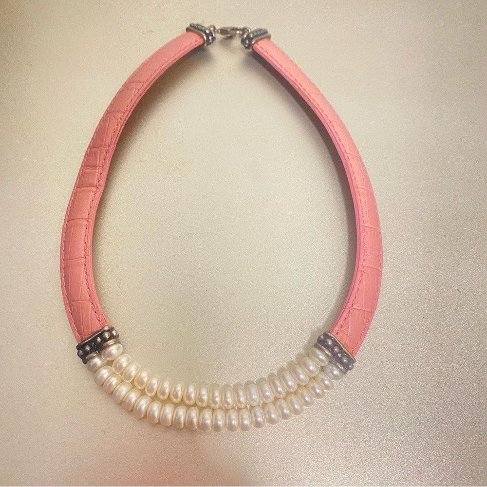 NWOT Honora 925 Sterling Silver Pink Genuine Leather Pearl Chocker Necklace - Picture 6 of 9